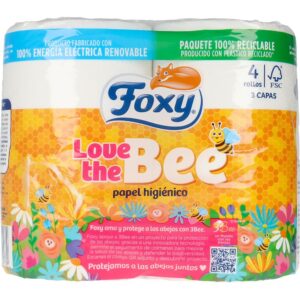 Foxy LOVE THE BEE: Papel Higiénico Premium de 3 Capas - Pack de 4 Rollos