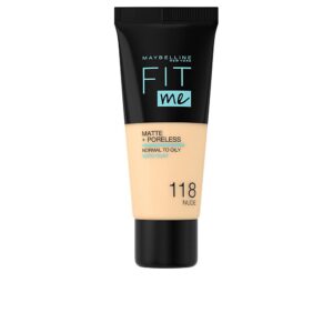 Maybelline Fit Me Matte + Poreless Foundation - Tono 118 Nude, Acabado Perfecto y Sin Brillos.