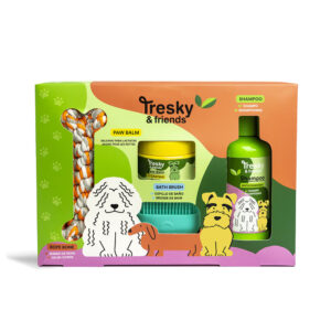 TRESKY & FRIENDS Estuche de Limpieza para Mascotas - 4 Piezas: Champú 300 ml, Bálsamo para las Patas 150 g, Cepillo, Hueso de Ropa