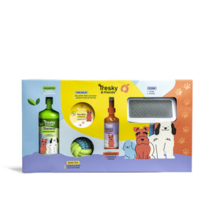 TRESKY & FRIENDS Limpieza Mascota Estuche 5 pz: Champú 300 ml, Fragancia 120 ml, Bálsamo para las patas 150 gr, Peine, Juguete de ropa