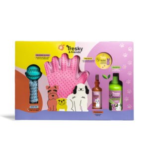 TRESKY & FRIENDS LIMPIEZA MASCOTA ESTUCHE 5 pz – Champú 300 ml + Fragancia 120 ml + Bálsamo para las patas 150 gr + Guante de cepillado + Juguete de cuerda